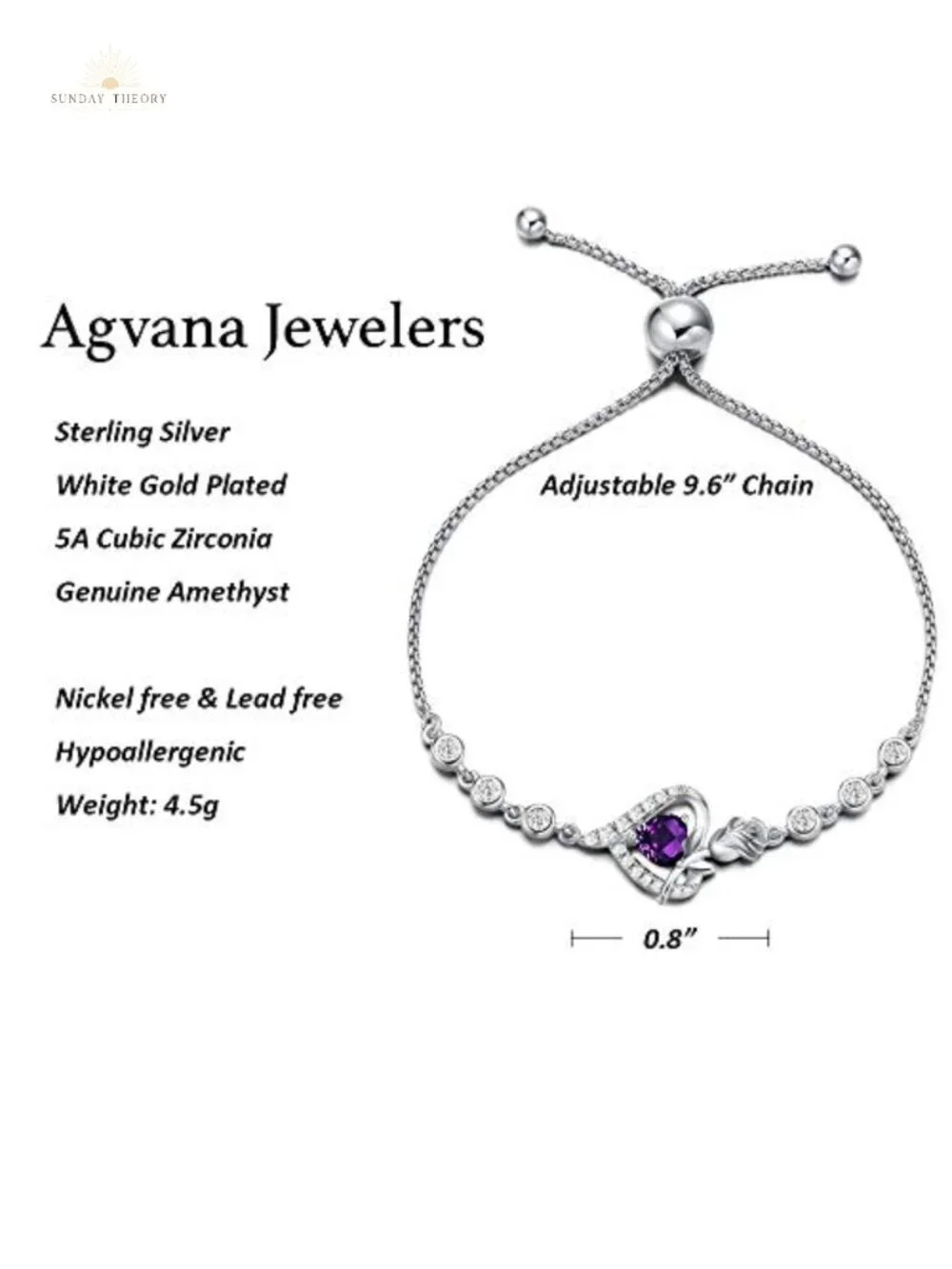 Sterling Silver Birthstone Tennis Bracelet Genuine Amethyst Rose Heart Pendant